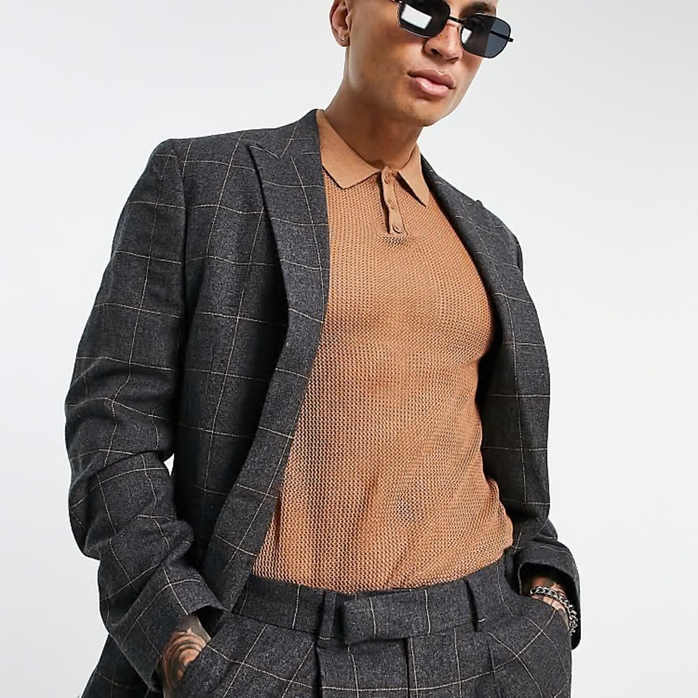 ASOS DESIGN Mens Sz Chest 38 Regular slim suit jacket in wool mix check in grey